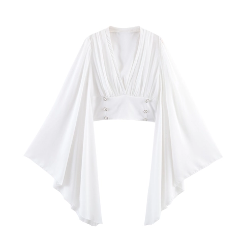 Top Corto Elegante Scollo A V Da Donna Camicetta Maniche Lunghe A Campana Stile Francese Bottoni Perla Artificial Pieghettato Bianco