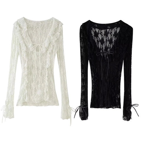 Dames Kant Blouse Met V-Hals Lange Mouwen Opengewerkte Ruches Top Met Strikmanchetten Effen Kleur Sexy Zoet Shirt