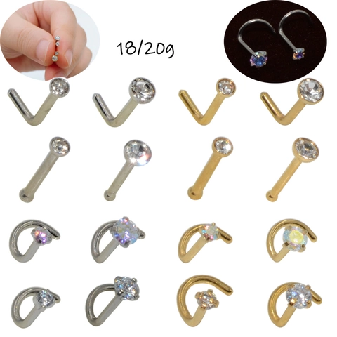 Stainless Steel Zircon Nose Studs L-Shape Straight Bar S-Bend Piercing Body Jewelry For Men Women