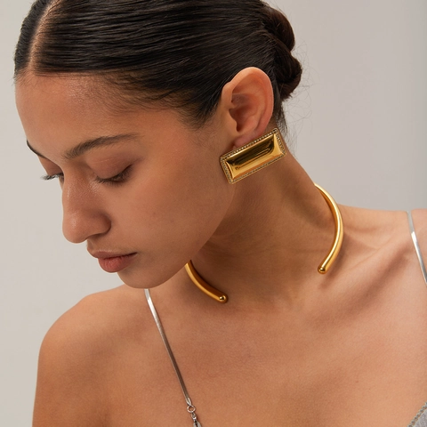 Minimalist Open Choker Necklace High Polish Smooth Surface 18K Gold Plated Stainless Steel Geometric Rigid Neck Ring Women