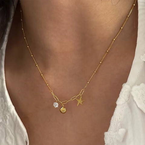 Collana Con Ciondolo Stella Marina Conchiglia Oceano Acciaio Inossidabile Zircone Perla Artificial Placcato Oro Gioielli Mare