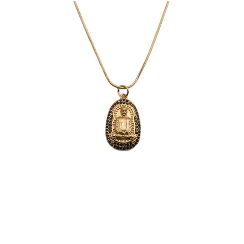 Buddha Pendant Necklace Gold Plated Copper Oval With Black Zircon Stones Snake Chain Religious Jewelry For Women