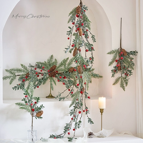 Artificial Christmas Branches With Pine Needles Red Berries And Pine Cones For Door Hanging Festive Home Table Decor