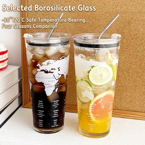 Large Capacity Borosilicate Glass Straw Cup With Stainless Steel Straw And Lid World Map Coffee Belt Design Tumbler
