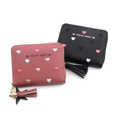 Women Short Wallet PU Leather Heart Embroidery Zippered Card Holder Coin Purse With Tassel Star Pendant For Daily Use