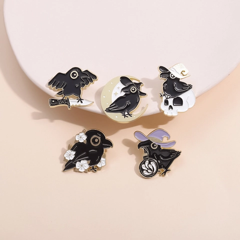 Spille Smaltate Corvo Nero Spille Gotiche Halloween Lega Teschio Luna Pugnale Distintivo Gioielli Per Vestiti Borse