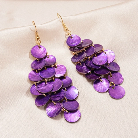 Pendientes Colgantes De Concha Redonda Púrpura Lentejuelas Multicapa Borla Joyería Para Mujer Estilo Bohemio De Playa