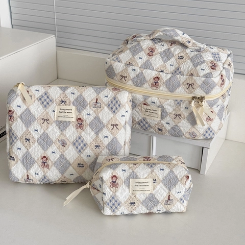 Borsa Da Toilette Trapuntata Orsetto Cartone Animato Motivo A Rombi Viaggio Organizzatore Trucco Portatile Grande Capacità