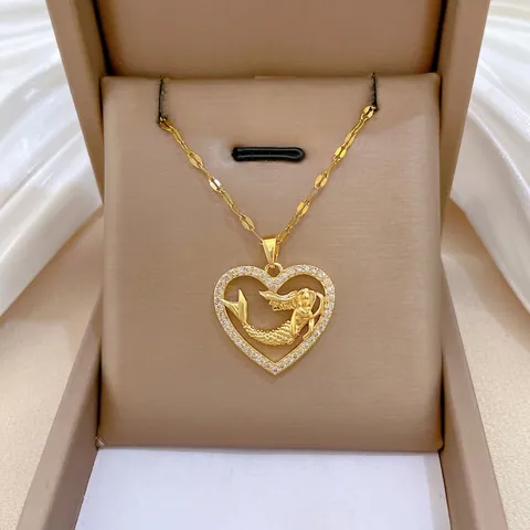 Mermaid Heart Pendant Necklace Gold Plated Stainless Steel Copper Cubic Zirconia Elegant Fairy Tale Women Jewelry