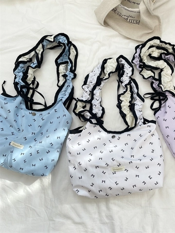 Damen Schultertasche Mit Schleifendruck Rüschenriemen Große Kapazität Tragetasche Polyester Süß Handtasche