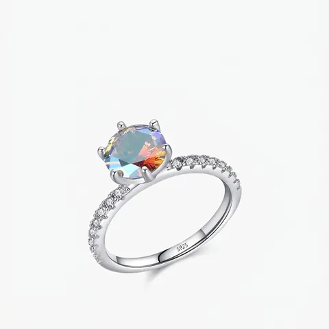 Ring Aus 925 Sterlingsilber Für Damen Runder Bunter Regenbogen Aurora Zirkonia Sechs Zacken Mode Luxusschmuck Nischendesign