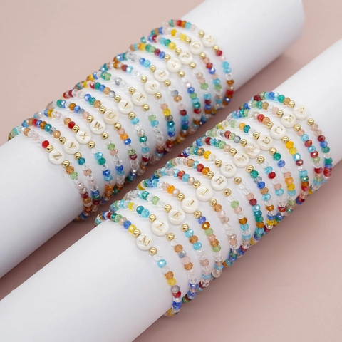 Bracciale Di Perle In Vetro Di Cristallo Sfaccettato Con Ciondolo Lettera Iniziale Gioielli Boho Fatti A Mano Per Donne