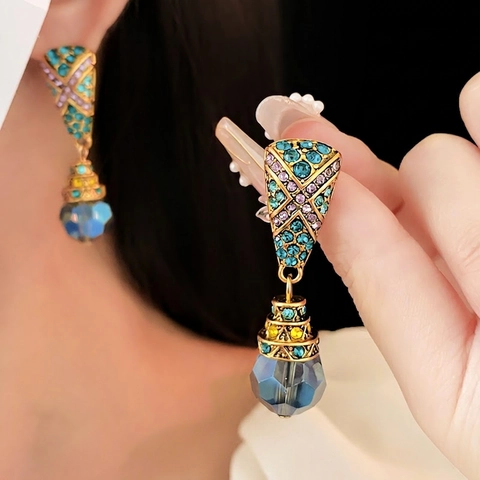 Orecchini Pendenti Vintage Con Cristallo Blu E Strass Gioielli In Lega Da Donna Con Perno In Argento