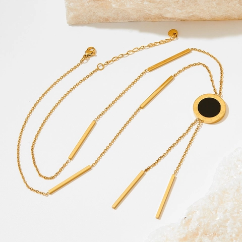 Stainless Steel Necklace For Women Round Disc Roman Numerals Mother Of Artificial Pearl Double Sided Tassel Long Chain Jewelry
