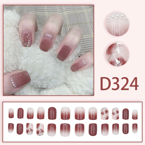 Short Square Round Press On Nails Artificial Pearl Rhinestone Glitter Gradient Wine Red Full Cover Wearable Artificial Fingernails