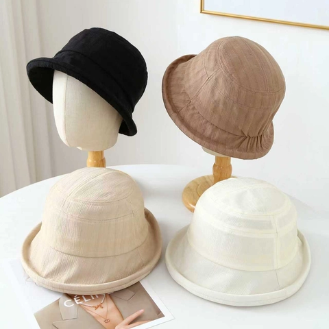 Women Bucket Hat Foldable Breathable Sun Protection Japanese Style Textured Roll Edge Minimalist Solid Color Basin Hat