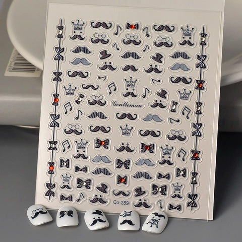 Gentleman Thema Geprägte Nagelkunst Sticker Mit Strasssteinen Schnurrbart Fliege Krone Musiknoten DIY Maniküre Dekor