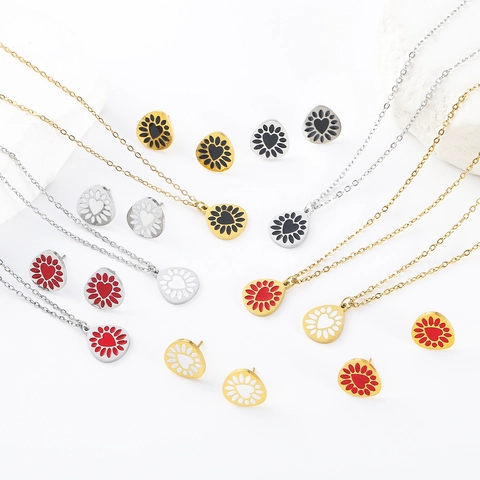 Collana E Orecchini In Acciaio Inossidabile Smalto Cuore Pendente Goccia D'acqua Gioielli Retro Per Donne