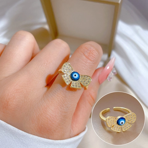 Bowknot Evil Eye Ring Messing Gold Vergoldet Zirkon Mikropavé Verstellbar Offen Schmuck Geschenk Für Frauen Zierlich Symbolisch