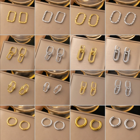 Titanium Steel Hoop Earrings For Women Gold Plated Hammered Geometric Twisted Texture Star Pattern Fashion Jewelry