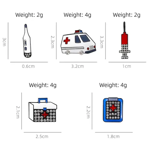 Broche Thème Médical Émail Alliage Strass Ambulance Seringue Thermomètre Trousse De Secours Épingle Pour Médecins Infirmières