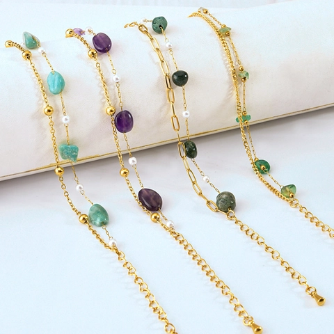 Bracciale A Doppio Strato In Acciaio Al Titanio Da Donna Stile Boho Vintage Pietra Naturale Perla Artificial Regolabile Gioielli