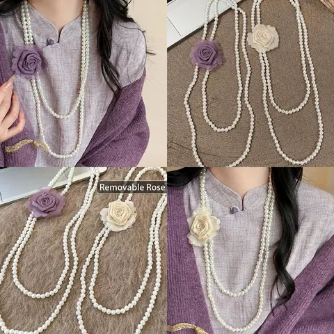 Dubbellaagse Lange Imitatie Kunstparelketting Met Afneembare Chiffon Roos Elegante Retro Trui Ketting Sieraden Voor Dames