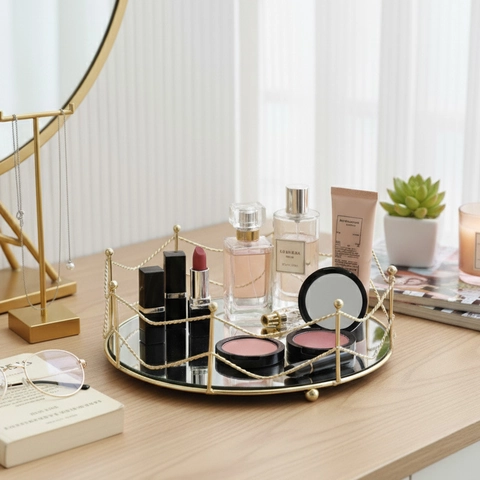 Decorative Mirror Tray Metal Iron Glass Desktop Organizer For Cosmetics Jewelry Luxury Retro Style Home Decor