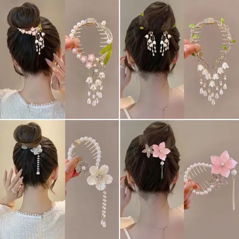 Elegant Lily Of The Valley Flower Hair Claw Clips Alloy Rhinestone Artificial Pearl Tassel Butterfly Bowknot Bun Maker For Women
