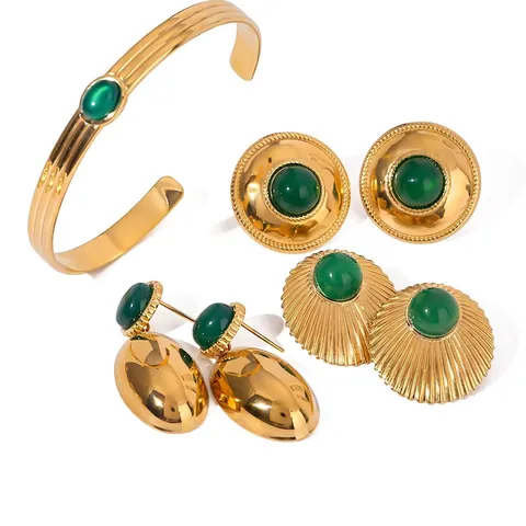 Vintage Vergulde Groene Agaat Armband En Oorbellen Set Waterdicht Roestvrij Staal Geometrische Sieraden Dames