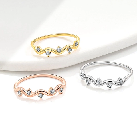 Anello a Onda in Argento Sterling S925 per Donna Con Strass Intarsiato Minimalista Elegante Anello da Dito Sovrapponibile Gioielli alla Moda