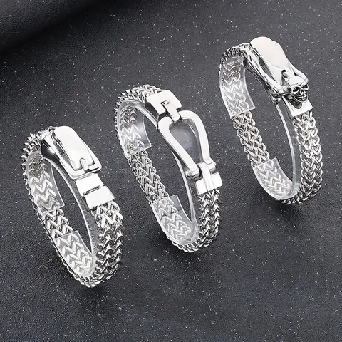 Men Stainless Steel Bracelet Punk Skull Head Double Row Chain Magnetic Clasp Polished Hip Hop Gothic Biker Jewelry