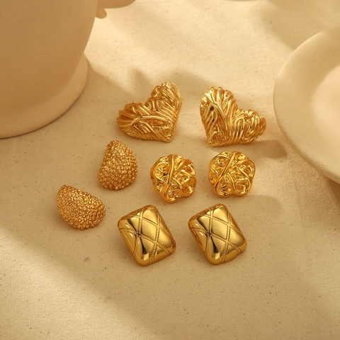 18K Gold Plated Stainless Steel Stud Earrings For Women Vintage Heart Shape Quilted Geometric Exaggerated Fashion Jewelry