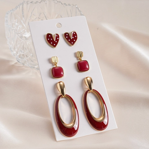 Red Heart Square Oval Earrings Enamel Alloy Vintage Fashion Jewelry For Women With 925 Sterling Silver Earring Post