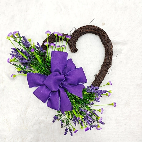 Heart Shaped Rattan Wreath With Purple Artificial Lavender Flowers And Large Bow For Front Door Wall Decoration Rustic Style