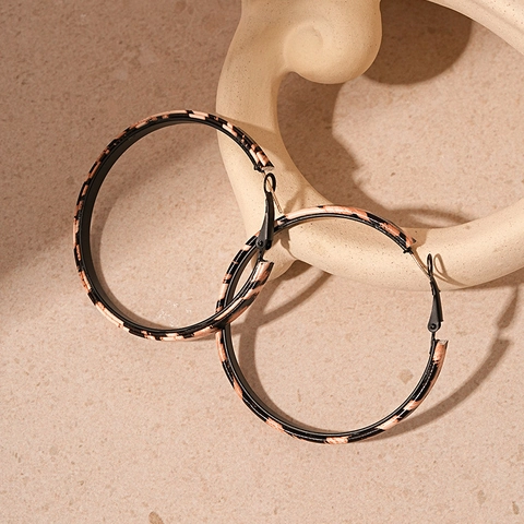 Vintage Leopard Print Leather Hoop Earrings Alloy Geometric Oversized Round With Silver Earring Post For Women