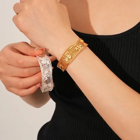Vintage Holle Raster Mesh Manchet Armband 18K Verguld Koper Reliëf Textuur Retro Open Armband Sieraden Voor Dames