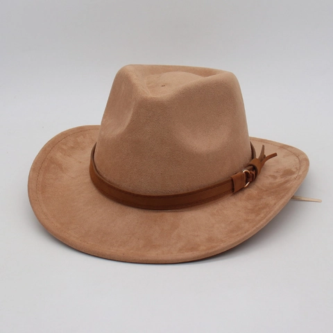 Fedora Hat Wide Brim Suede Felt Vintage Jazz Western Cowboy Hat With Leather Belt Metal Buckle Sun Protection