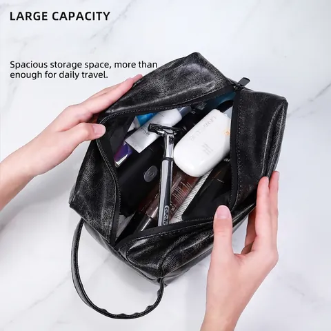 Men Toiletry Bag Vintage PU Leather Waterproof Large Capacity Travel Wash Bag Portable Organizer For Business Grooming