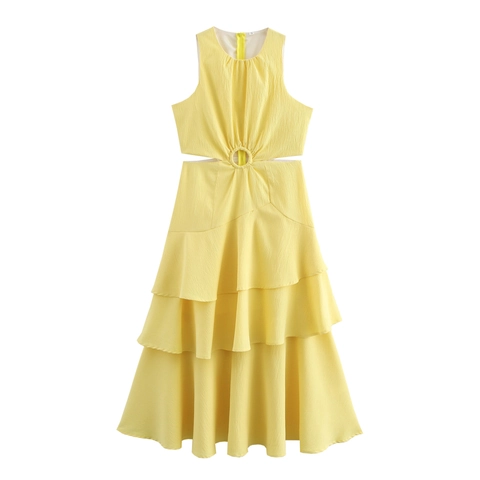 Vestido Maxi Sin Mangas Con Abertura En La Cintura Color Sólido Dobladillo Con Volantes Escalonados Estilo Elegante