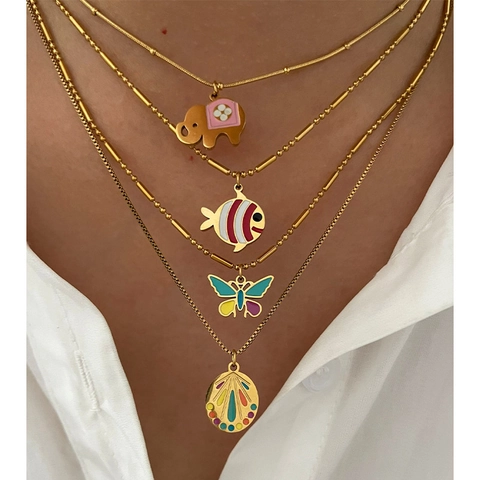 Collana In Acciaio Inossidabile Placcato Oro 18K Smalto Ciondolo Animale Carino Elefante Pesce Farfalla Gioielli Donna