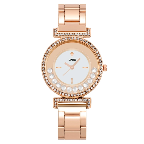 Women Quartz Watch Rose Gold Metal Strap Rhinestone Inlaid Floating Crystals Fashion Elegant Wristwatch
