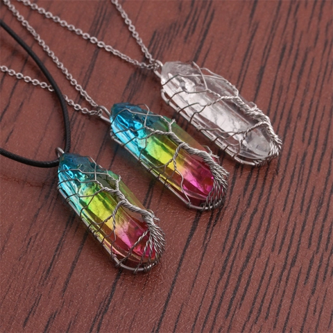 Tree Of Life Crystal Pillar Necklace Stainless Steel Chain Wire Wrapped Pendant Handmade Boho Jewelry For Women