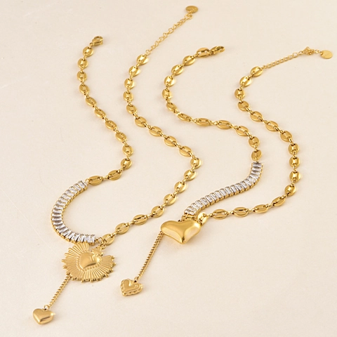 Collana Con Pendente A Cuore In Acciaio Inossidabile Catena Chicco Di Caffè Asimmetrica Zircone Intarsiato Gioielli Retro Donna