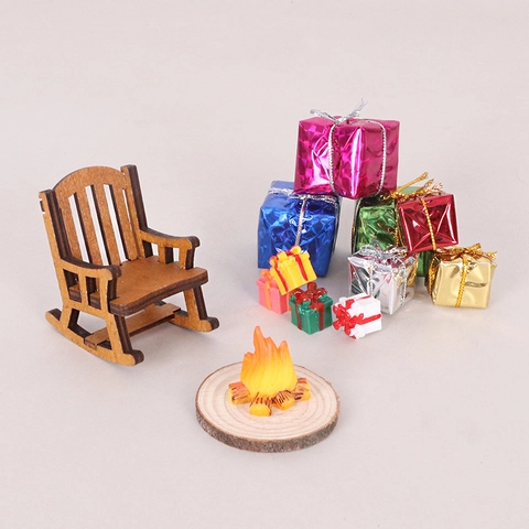 Miniatuur Kerstversiering Houten Schommelstoel Hars Kampvuur Geschenkdozen Poppenhuis DIY Micro Landschap Accessoires