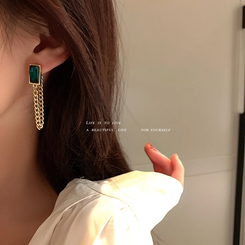 Boucles D'oreilles Pendantes Géométriques En Verre Émeraude Avec Puce En Argent Sterling 925 Longue Chaîne Style Luxe Français Pour Femmes