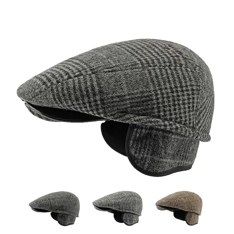 Mens Plaid Flat Cap With Ear Flaps Warm Quilted Lining Vintage Newsboy Hat Winter British Style Duckbill Cap Retro