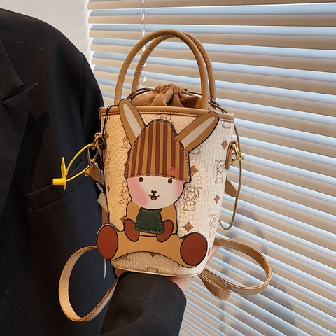 Bucket Bag PU Leather Cartoon Bunny Shoulder Crossbody Handbag Small Drawstring Cute Fashion Women Girls