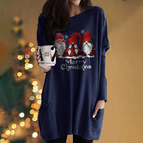 Damen Casual Weihnachten Weihnachtsmann Gnom Druck Langarm T-Shirt Kleid Mit Taschen Rundhals Lockeres Festliches Partykleid