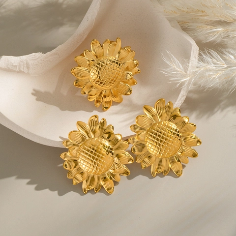 Zonnebloem Roestvrij Staal Oorknopjes En Open Ring Verguld Waterdicht Hypoallergeen Vrouwen Sieraden Pastoraal Stijl Cadeau
